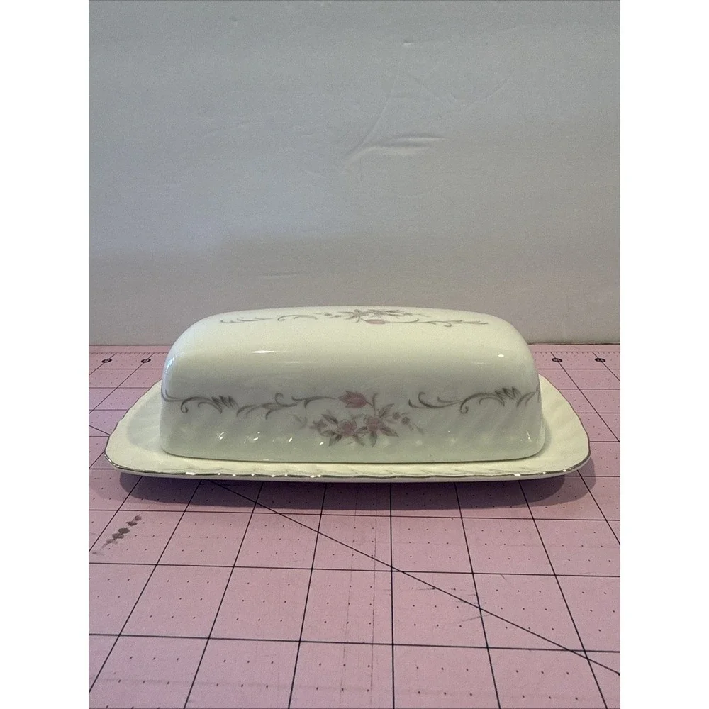 Gold Standard GST1 Covered Butter Dish with Pink Flower Gray Scroll Pattern